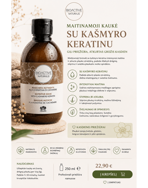 Plaukų kaukė su kašmyro keratinu BIOACTIVE NATURALIS NUTRITIVE 230 ml.