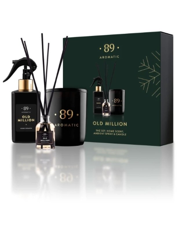 Rinkinys: Namų kvapas, purškiamas namų kvapas ir sojų vaško žvakė Aromatic 89 Žiemos kolekcija 2